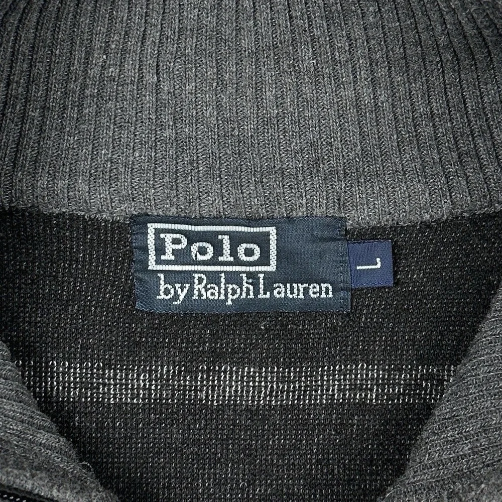 Vintage Polo Ralph Lauren Full Zip Sweater Men L Gray White Stripe Red Pony Golf
